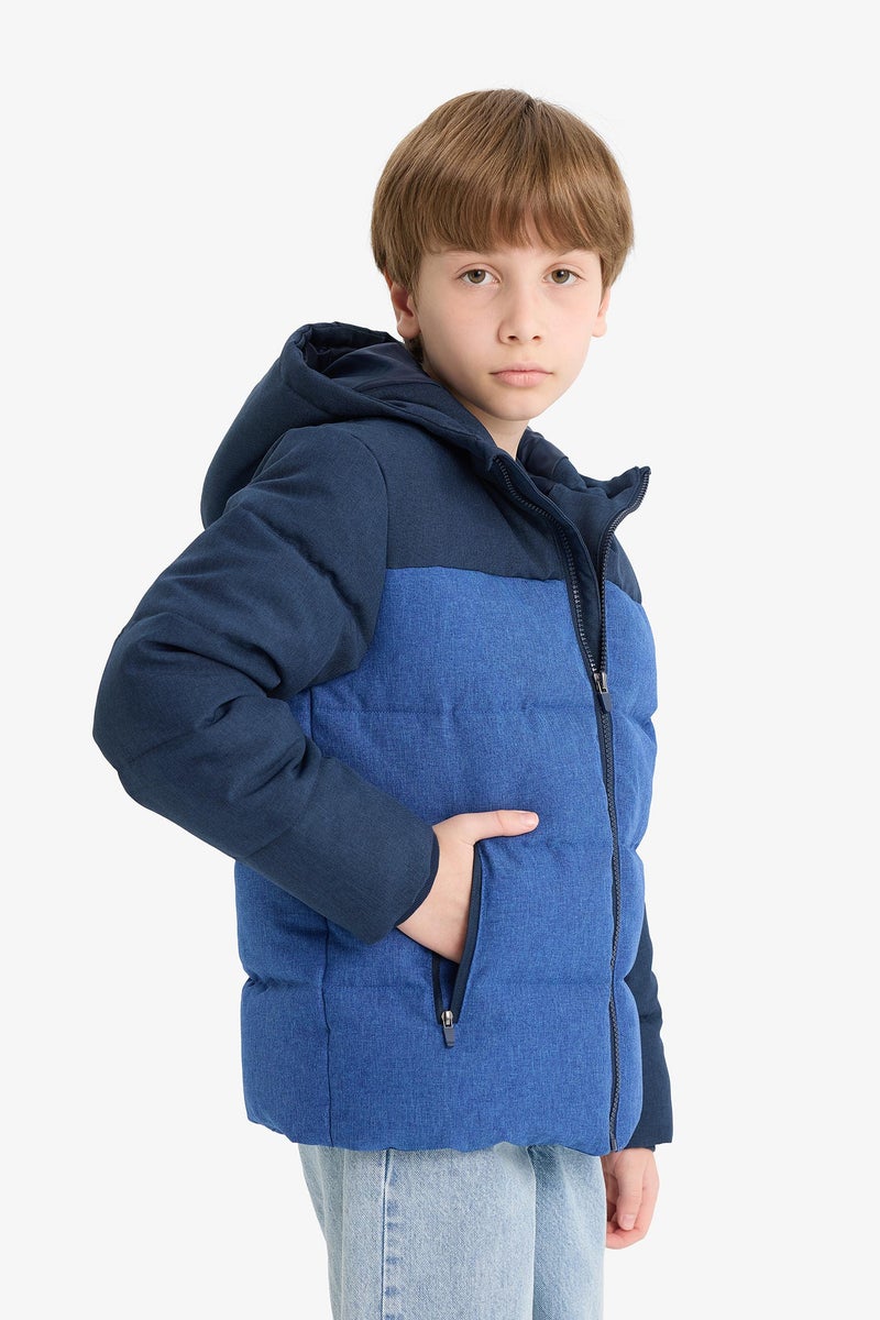 DeFacto Blue Boy Boy Waterproof Hooded Zippered Puffer Jacket Casual - Image 3